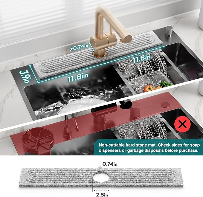 Eormoe Stone Kitchen Sink Faucet Mat, Premium Upgraded Food Grade Diatomite Drying Stone Tray & Splash Guard, Fast Drying Sink Protector for Kitchen Counter, Dishwasher Safe (23.6" x 3.9")