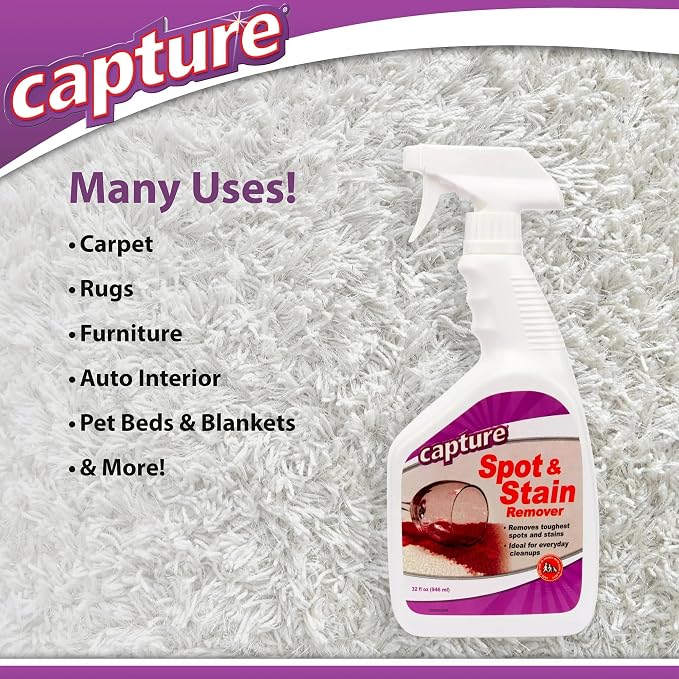 Capture Spot and Stain Remover Carpet - Dirt, Juice, Coffee, Wine, Food and Tough Rug Stains Eliminator - Couch, Sofa Cleaner and Stain Remover - Multi-Purpose Cleaning Essentials (32 oz)