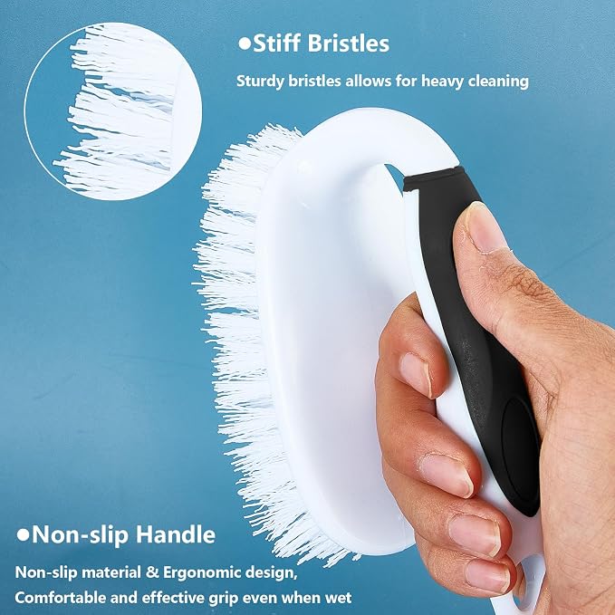 Scrub Brush Set, 4 Pack Deep Cleaning Brush Kit, Black | 2 Scrub Brush, 2 Tile & Grout Brush with Built-in Scraper, Household Commercial Scrubber for Floor, Shower, Pool Wall, Tub