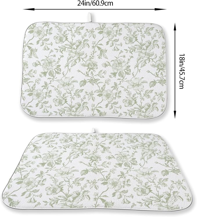 Sage Green Floral Dish Drying Mats 18x24 Inch Sage Green Chinoiserie Flower Holiday Kitchen Decor Absorbent Drying Pad Rack Drainer Mats for Kitchen Dining Room Counter