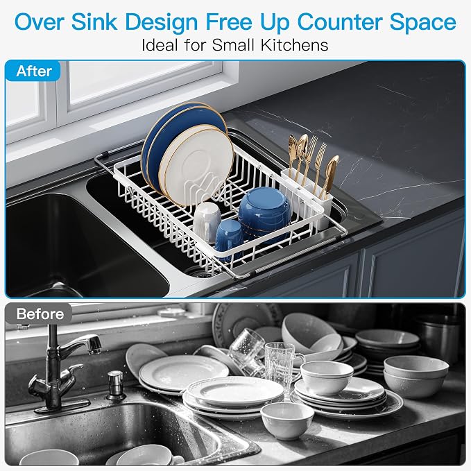 JASIWAY Expandable Stainless Steel White Dish Drying Rack Over The Sink for Small Kitchen, Counter Space Saving Compact Plate Drainer Strainer, Adjustable Hanging Metal Dish Dryer with Utensil Holder