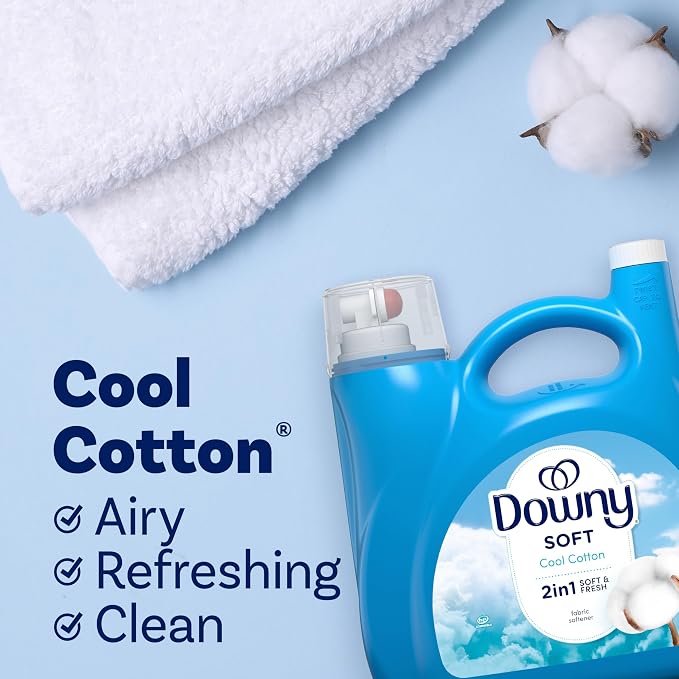 Downy Soft, 2 in 1 Soft and Fresh Liquid Fabric Softener, Cool Cotton, 140 fl oz, 190 Loads, Fabric Conditioner Liquid provides softness and freshness for fabrics
