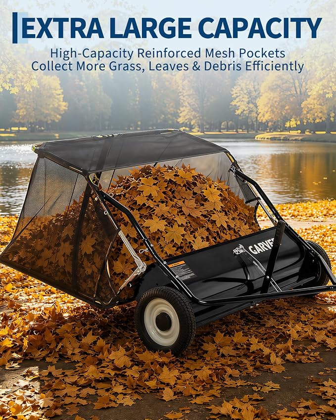 Garvee Tow Behind Lawn Sweeper 48 Inch, Heavy Duty Leaf & Grass Collector | Yard Sweeper Pull Behind,16 cu.ft. Leaf Collector,Tool-Free Adjustable Brush Height,Dumping Rope for Yard,Driveway,Sidewalk