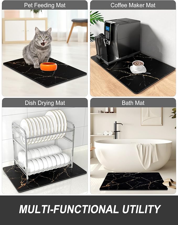Rnivvi Dish Drying Mat for Kitchen Counter, 12 x 19" Cute Marble Super Absorbent Draining Pad, Non-Slip Heat Resistant Coffee Bar Mats for Coffee Machine Station Accessories, Black Gold Dish Rack Pad