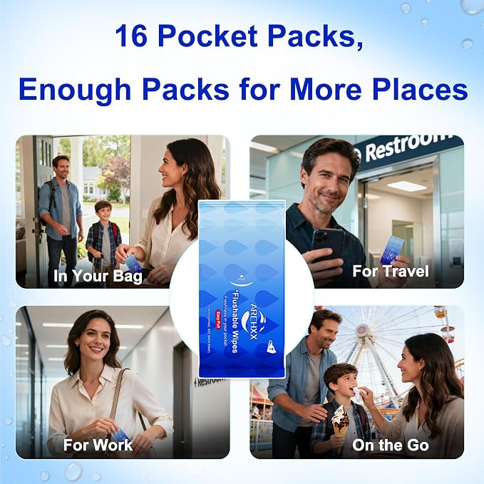 ARCHXX Travel Flushable Wipes, 16 Travel Packs (112 Count), Value Pack, 99% Water with Aloe & Chamomile, Unscented & Hypoallergenic, Mini Wet Wipes, for Sensitive Skin, for Adults & Kids