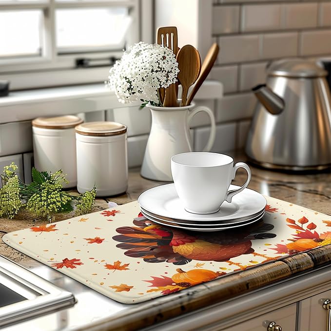 Happy Thanksgiving Dish Drying Mats for Kitchen Counter Autumn Fall Turkey Maple Leaves Pumpkin Drying Mat 18 x 24 Inch Microfiber Absorbent Dish Drying Pad Washable Dish Drainer Mats for Coffee Bar