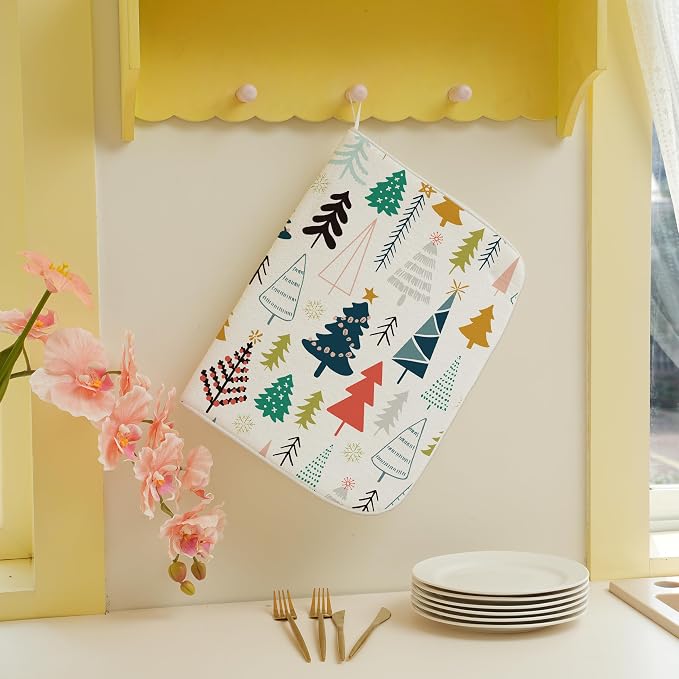 Christmas Dish Drying Mats 18x24 Inch Colorful Geometric Christmas Tree Drying Mats Xmas Winter Holiday Kitchen Decor Absorbent Drying Pad Rack Drainer Mats for Kitchen Dining Room Counter