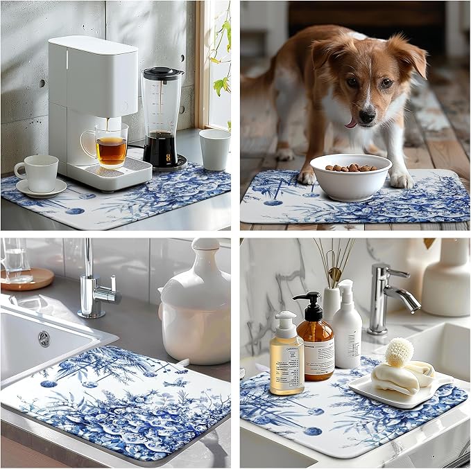 Christmas Tree Dish Drying Mat for Kitchen Counter 16x18 Inch Blue White Chinoiserie Winter Xmas Holiday Drying Mats Microfiber Absorbent Dish Draining Reusable Dish Drainer Pad
