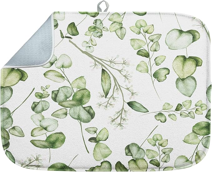 Sanwarm Absorbent Dish Drying Mat, Vintage Summer Eucalyptus Leaves Flower Microfiber Pad for Kitchen Counter, Coffee Bar Decor, Heat Resistant and Reversible, 18" x 24"