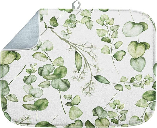 Sanwarm Absorbent Dish Drying Mat, Vintage Summer Eucalyptus Leaves Flower Microfiber Pad for Kitchen Counter, Coffee Bar Decor, Heat Resistant and Reversible, 16" x 18"