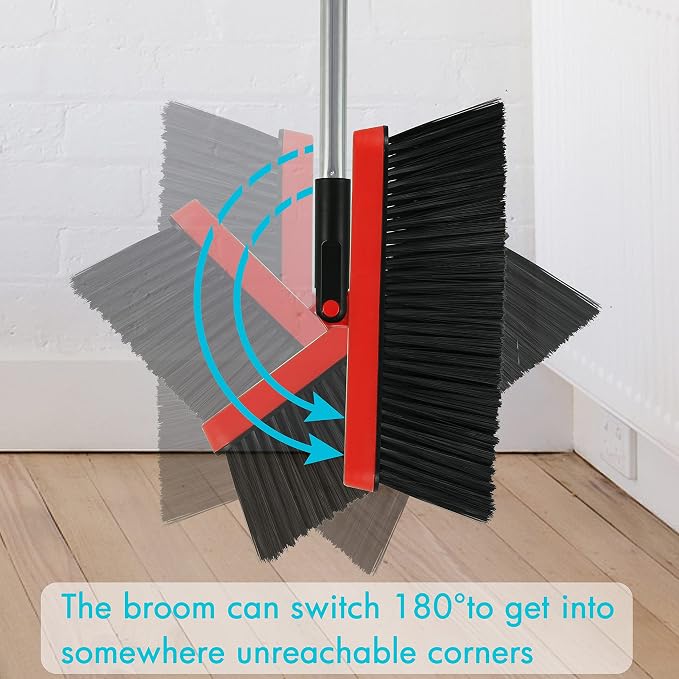2 Pack Broom and Dustpan Set with 48" Long Handle Black | Stand Up Dustpan with Self-Cleaning Teeth and Long Handle Broom Set for Home, Office, Kitchen and Indoor Outdoor Cleaning