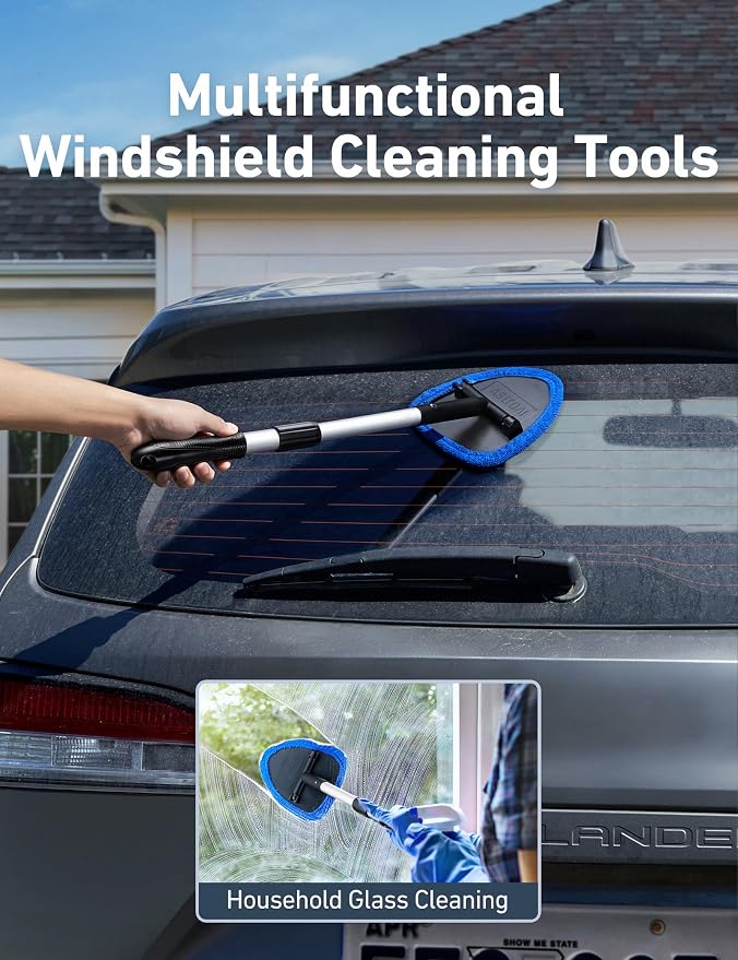 AstroAI 26" Super-Long Windshield Cleaner Tool, Car Interior Window Detailing Cleaning Kit with Extendable Handle and 4 Upgraded Reusable Microfiber Pads, Auto Glass Wiper Brush Kit for Car&Home, Blue