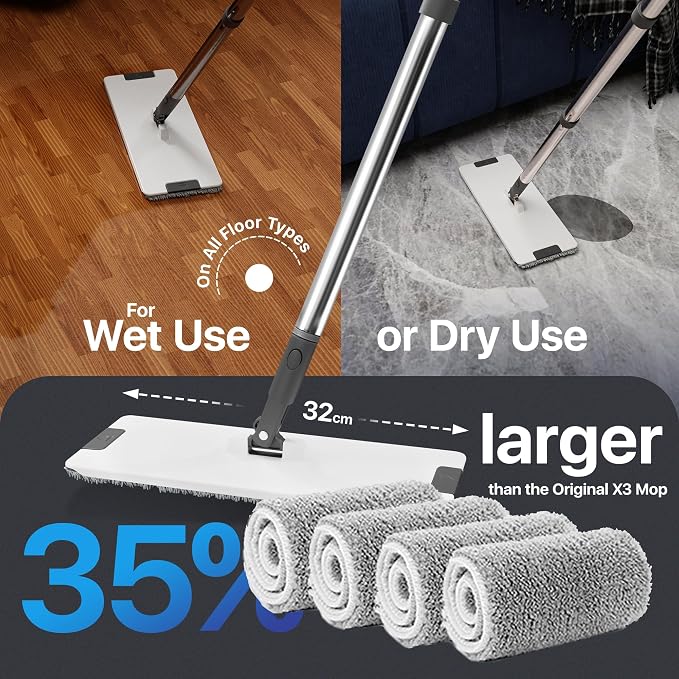 X3 Mop XL Replacement Microfiber Cleaning Pads, 4 Pack of Reusable Flat Mop Heads. (Pads fit X3 Mop XL Only)