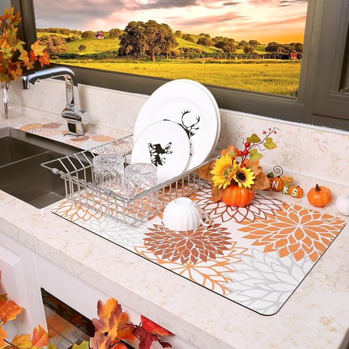 Findosom 2PCS 12" x 20" Fall Dish Drying Mat & 24" x 5.5" Sink Splash Guard, Super Absorbent & Cuttable Dish Mat Drying Kitchen Mat with Orange Floral, Hide Stain Drying Mat for Kitchen Counter