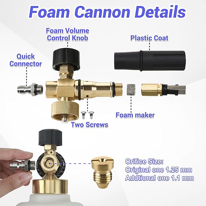 Tool Daily Foam Cannon for Pressure Washer with Dual Connector, 1.5 Liter | Wide Mouth Soap Cannon, Additional Orifice Nozzle 1.1mm, 5 Power Washer Sprayer Nozzles, 1/4 Inch Quick Connect, 3600 PSI