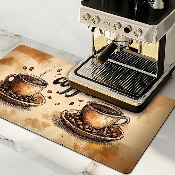 Dish Drying Mat Large Coffee Mat Absorbent Drying Mat for Kitchen Counter Coffee Bar Accessories 32"x 17", Coffee and Beans 4
