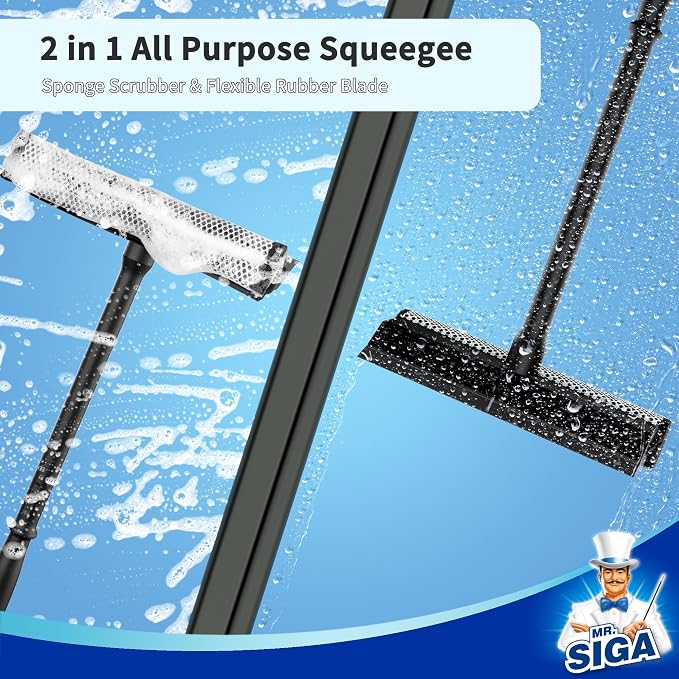 MR.SIGA Professional 2-in-1 Car Window Squeegee and Sponge Scrubber | Rubber blade squeegee with 16.4 inch/41.5 cm handle, sponge car squeegee for glass, windshield, shower