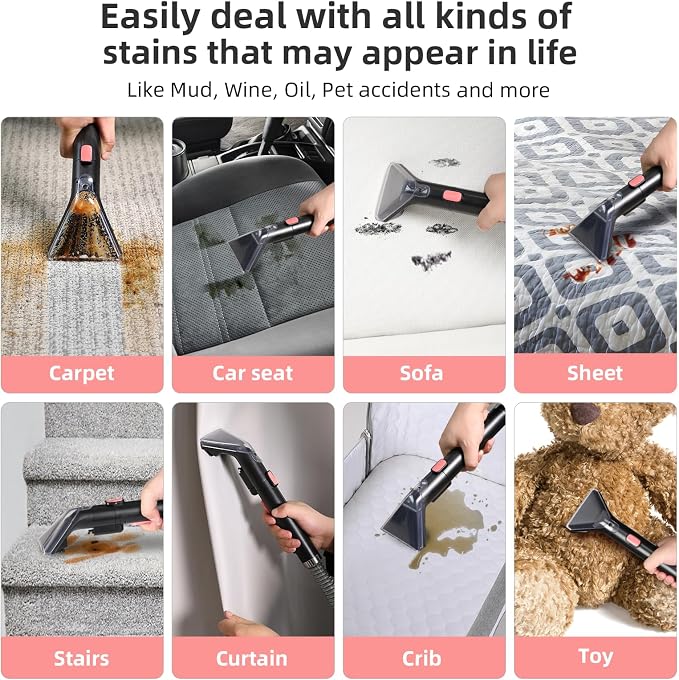 Slevoo 450W Portable Carpet Cleaner Machine with 1 Bottle Cleaning Solutions, Strong Suction Upholstery and Furniture Cleaner for Cleaning Stairs, Car Interiors, for Pet Footprint, Dust, Oil