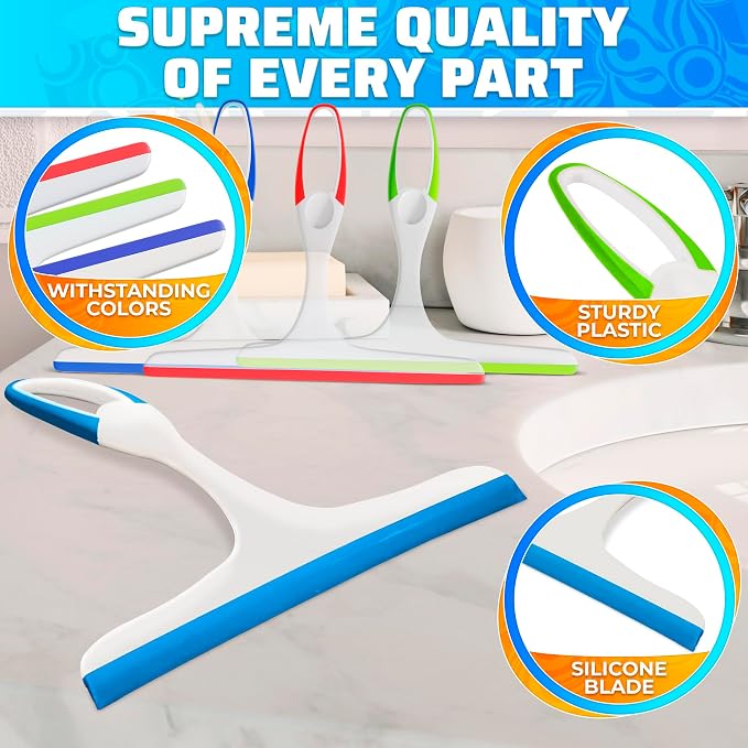 4Pcs 9.5” Hand Squeegee for Shower Glass - Durable Plastic Grip, Random Colors, Flexible Silicone Blade, Easy Hanging Hook, Lightweight Ergonomic Shower Squeegee for Glass Doors, Windows, and Tiles