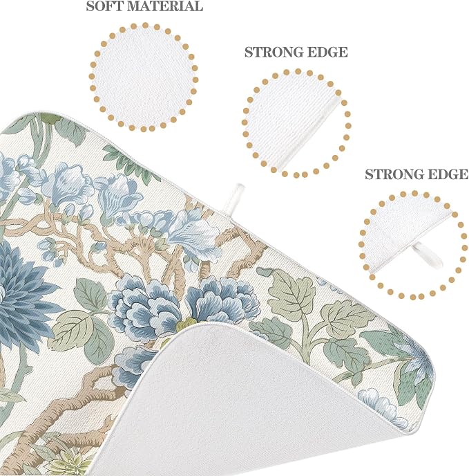 Chinoiserie Dish Drying Mat 18x24 Inch Vintage Sage Green Blue Floral Drying Mat Boho Spring Summer Seasonal Absorbent Dish Drying Pad Dish Rack Drainer Mats for Kitchen Dining Counter