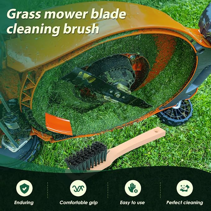 2Pcs Stiff Bristle Brush for Lawn Mower, Universal Lawn Mower Scrub Brush, Multi Surface Outdoor Cleaning Tool with Scraper and Wood Handle for Patio, Deck, Gutter, Gardening