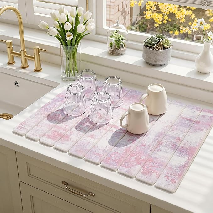 Findosom Large Stone Dish Drying Mat for Kitchen Counter, 23.6" × 15.3" Foldable Non-Slip Stone Drying Mat with Abstract Pattern, Heat Resistant Diatomaceous Earth Mat for Bath, Dishes, Cups, Pink