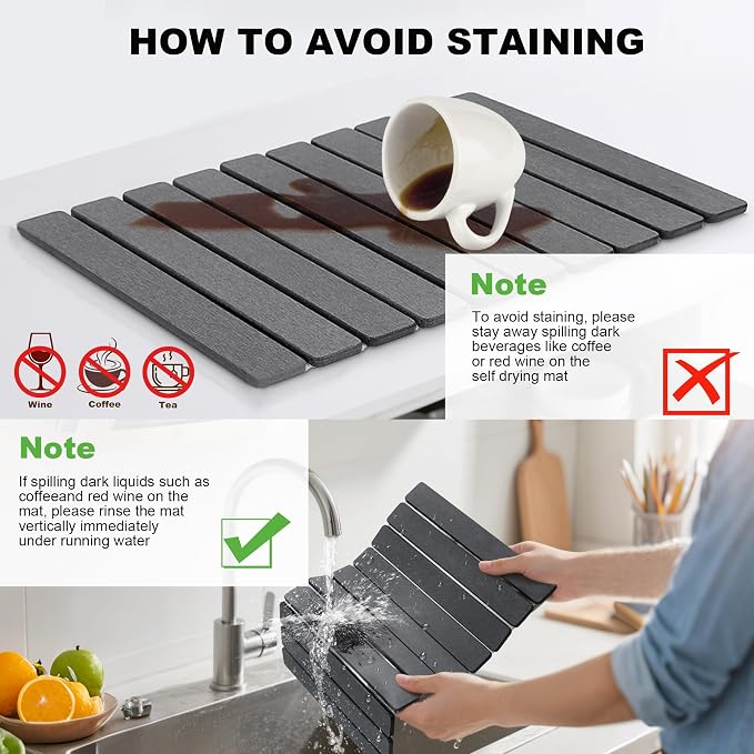 Stone Drying Mat for Kitchen Counter, Quick Diatomaceous Earth Mats for Dishes, 24"L x 16" W Super Absorbent Fast-Drying Collapsible Countertop Stone Mat (Dark Grey, 24" x 16")