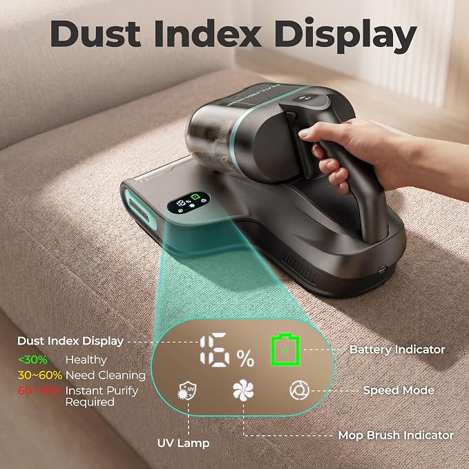 HAUSHOF Cordless Mattress Vacuum Cleaner, 17kPa, 2 Suction Modes | 275nm UVC Light, Dust Index Indicator, 140°F Heat, Beater Brush, H12 HEPA Filter, 16.9oz Dual Cup, For Couch, Bed, Furniture