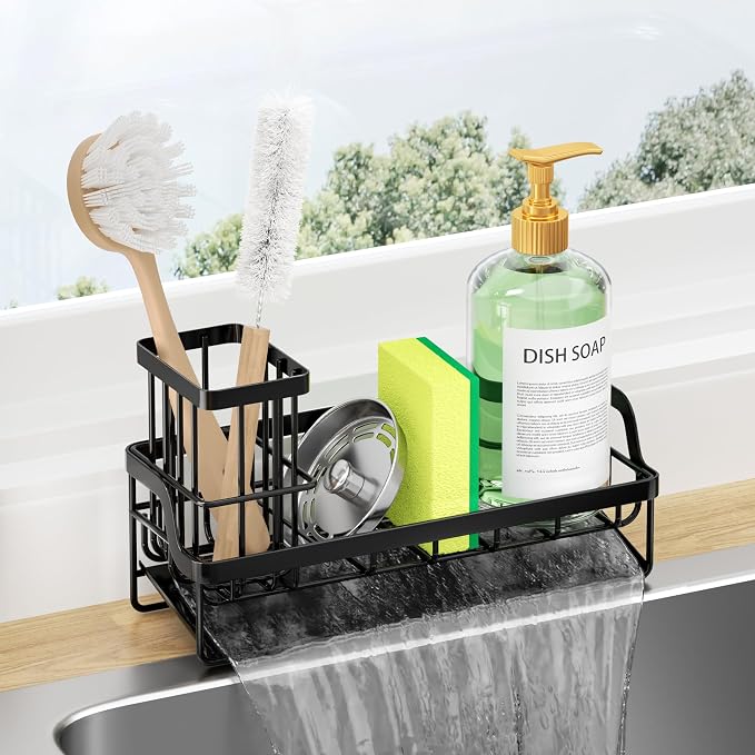 Consumest Sponge Holder for Kitchen Sink - Sink Caddy with Stainless Steel Self Drain Tray, Sink Organizer with High Brush Holder Countertop for Kitchen Sink Accessories, Black