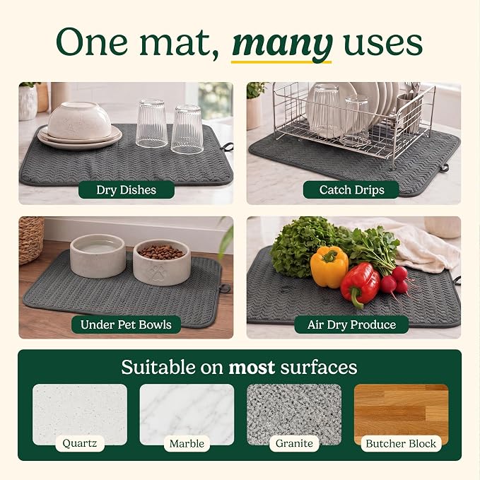 Cuisinart Dish Drying Mat for Kitchen Counter - 2-Pack XL 18x24 Ultra Absorbent Microfiber Dish Mat - Fast Drying, Machine Washable, Foldable Countertop Pad - Safe for Granite & Quartz