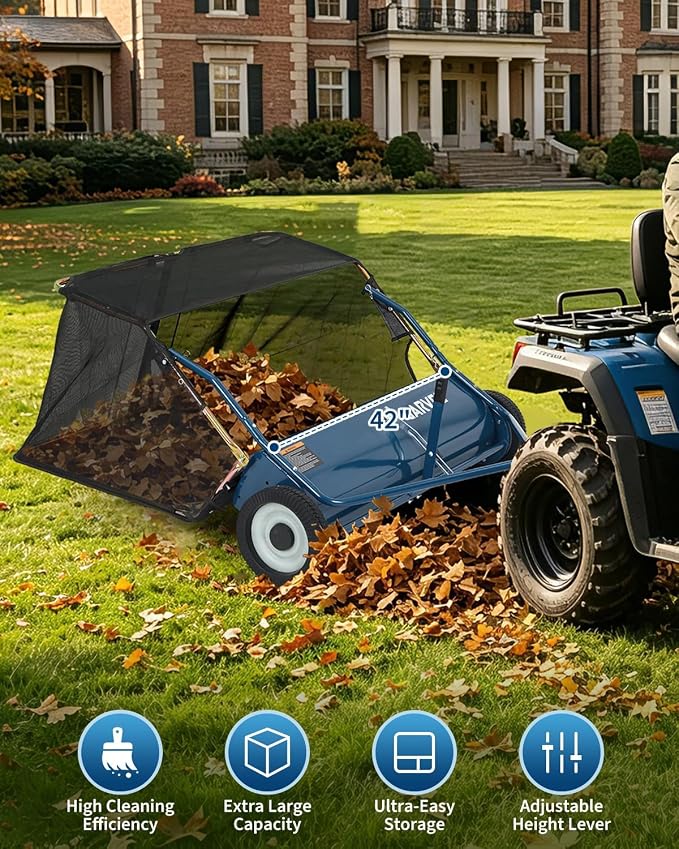Garvee Tow Behind Lawn Sweeper 42 Inch, Heavy Duty Leaf & Grass Collector | Yard Sweeper Pull Behind,14 cu.ft. Leaf Collector,Tool-Free Adjustable Brush Height,Dumping Rope for Yard,Driveway,Sidewalk