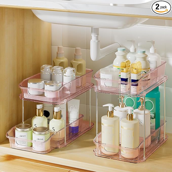 Delamu 2-Tier Under Sink Organizers and Storage, Multi-Purpose Stackable Bathroom Cabinet organizers, Pull Out Kitchen Pantry Organization and Storage with Dividers(2 Pack, Pink)