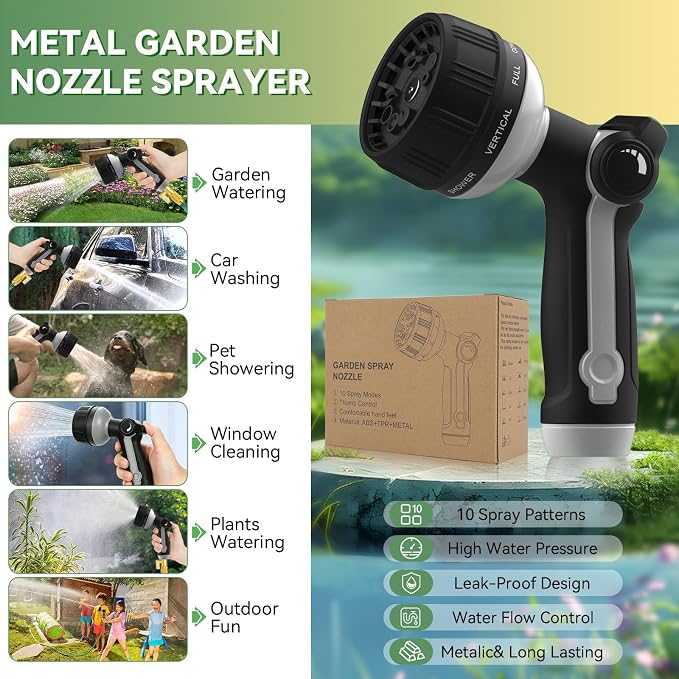 Garden Hose Nozzle Heavy Duty,Metal Water Hose Nozzle with 10 Adjustable Spray Patterns, High Pressure Hose Sprayer Nozzle Thumb Control On Off Valve for Lawn & Plant Watering, Car & Pet Washing