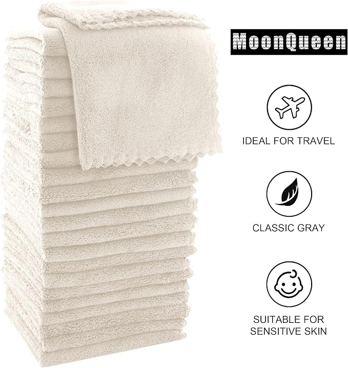 MOONQUEEN Ultra Soft Premium Washcloths Set - 12 x 12 inches - 24 Pack - Quick Drying - Highly Absorbent Coral Velvet Bathroom Wash Clothes - Use as Bath, Spa, Facial, Fingertip Towel (Cream)