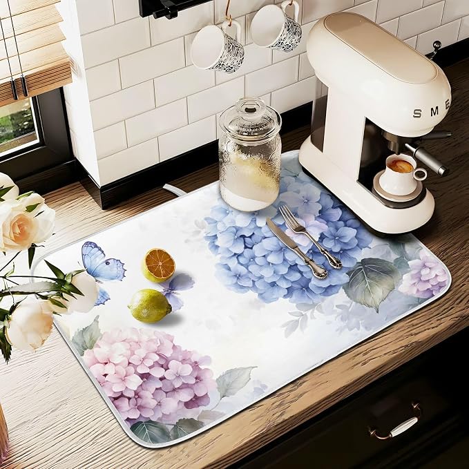 Blue Pink Hydrangea Spring Floral Dish Drying Mat for Kitchen Counter Absorbent Microfiber Large Drying Pad Dish Mats for Kitchen Countertops 18 x 24 Inch