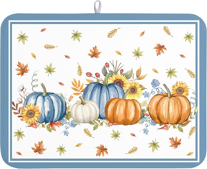 Fall Dish Drying Mat for Kitchen Counter 18 x 24 Inch Colorful Pumpkin Dish Drainer Mat Absorbent Microfiber Autumn Thanksgiving Harvest Dish Rack Pad for Coffee Dining Bar Decor
