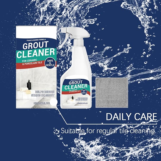 Grout Cleaner Spray 8 fl.oz, Foam for Ceramic & Porcelain Tile | Foam formula for tile grout, kitchen, bathroom & shower; helps remove stains & dirt; includes cleaning cloth; 8 fl.oz