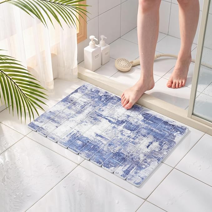 Findosom Stone Dish Drying Mat for Kitchen Counter, 15.7" × 11.8" Foldable Non-Slip Stone Drying Mat with Abstract Pattern, Heat Resistant Diatomaceous Earth Mat for Bath, Dishes, Cups, Blue