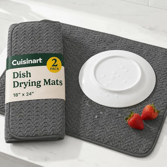 Cuisinart Dish Drying Mat for Kitchen Counter - 2-Pack XL 18x24 Ultra Absorbent Microfiber Dish Mat - Fast Drying, Machine Washable, Foldable Countertop Pad - Safe for Granite & Quartz