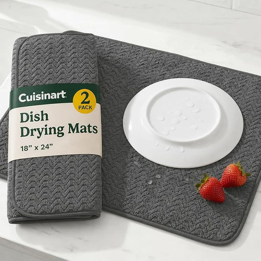 Cuisinart Dish Drying Mat for Kitchen Counter - 2-Pack XL 18x24 Ultra Absorbent Microfiber Dish Mat - Fast Drying, Machine Washable, Foldable Countertop Pad - Safe for Granite & Quartz