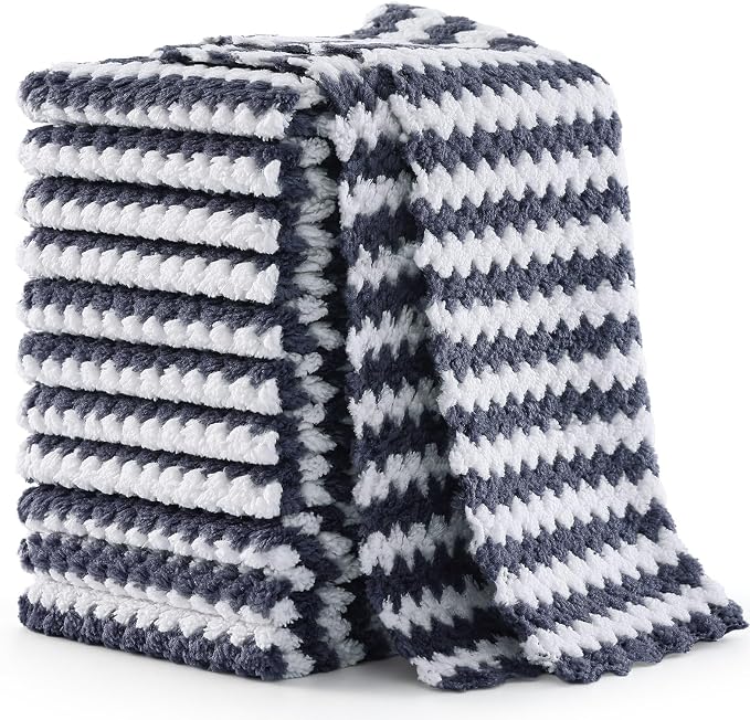 Homaxy 12 Pack Kitchen Dish Cloths, Ultra Soft and Absorbent Dish Towels, Reusable Fast Drying Microfiber Cleaning Cloth, Coral Velvet Wave Design No-lint, 7 x 9 inches, Dark Grey