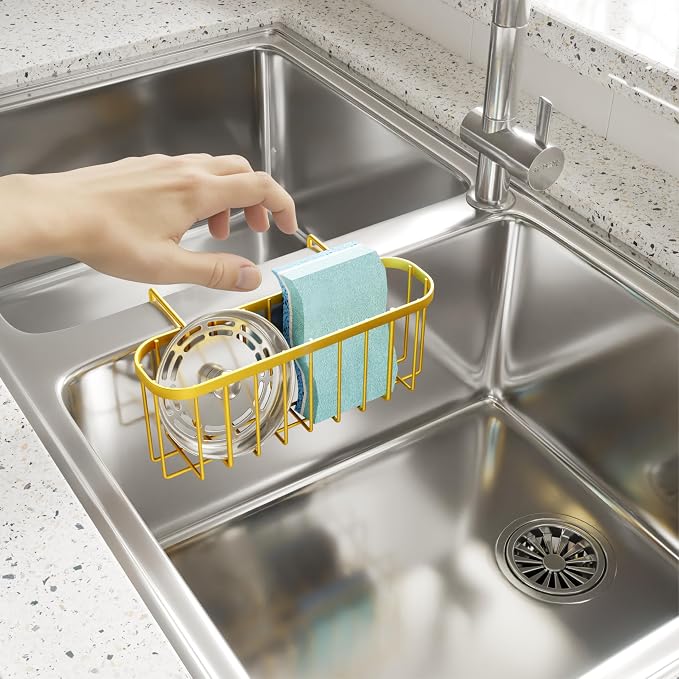 SWTYMIKI Sponge Holder for Kitchen Sink, Kitchen Sink Caddy Rustproof Sponge Caddy for Hanging 1.5” Middle Divider Double Bowl Sinks, No Suction Cups, Gold