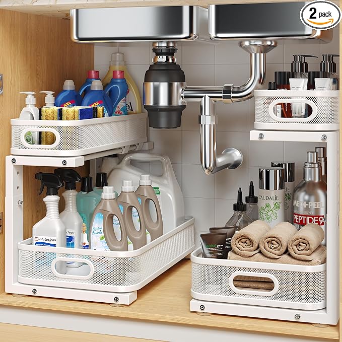 2 Pack Under Sink Organizer With Smooth Cylindrical Rail,2-Tier Pull Out Multi-Purpose Cabinet Storage for Bathroom&Kitchen,Height Adjustable,Rust-resistant Coating-White