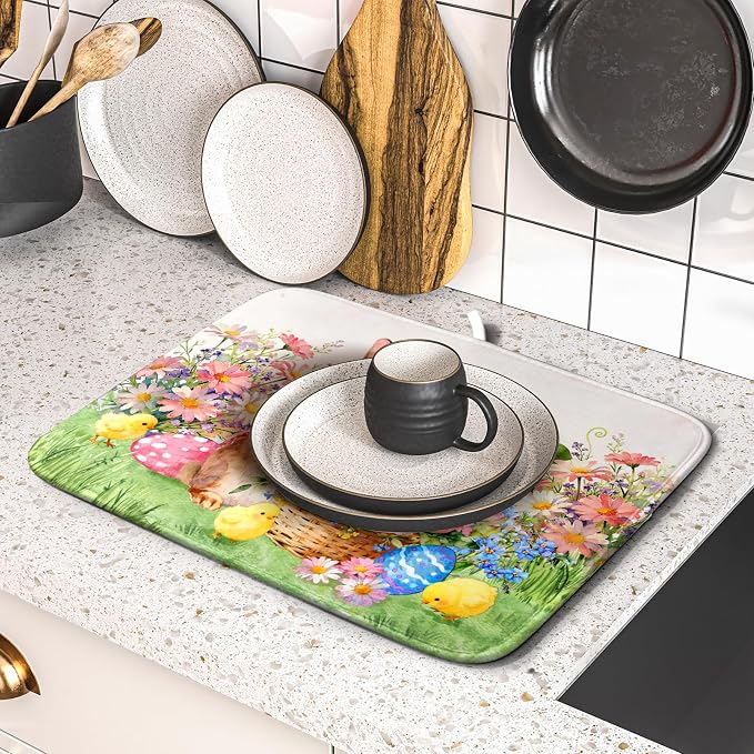 Spring Easter Dish Drying Mat for Kitchen Counter Colorful Egg Holiday Decoration Cloth Dish Mats Small