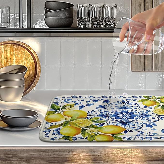 Lemon Dish Drying Mats Spring Summer Dish Mat Blue Chinoiserie Floral Drying Matt Dishes Dryer Pad for Kitchen Counter Absorbent Microfiber Washable Foldable Reusable 18x24 in