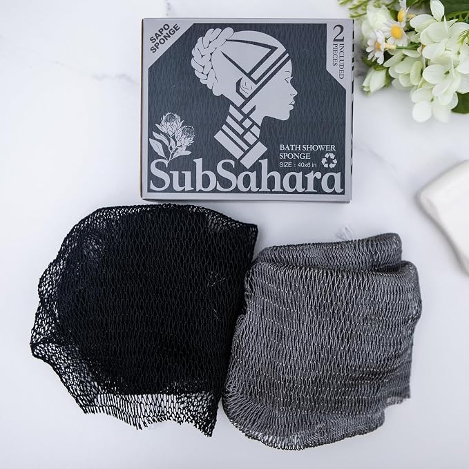 SubSahara Authentic African Net Sponge - 2 Pack Exfoliating Bath & Shower Loofah Sponge for Body & Face, Gentle Scrubber for All Skin Types, Travel, Durable (Black & Grey)