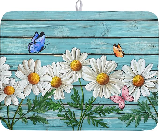 Daisy Dish Drying Mat for Kitchen Counter 18”x24” Rustic Daisy Absorbent Dish Drying Mat Reversible Microfiber Dish Drainer Rack Fast Drying Mat for Countertops Tableware Decor