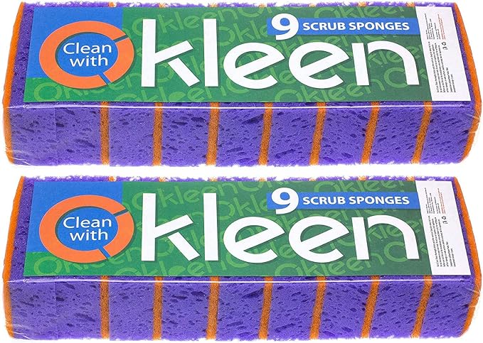 Purple and Orange Multi Use Scrub Sponges. Made in Europe. 18 Pack, 4.3x2.8x1.4 inches. Heavy Duty & Non Scratch Fiber. Odorless, Durable, Delicate, Rinse Clean Violet Scrubber