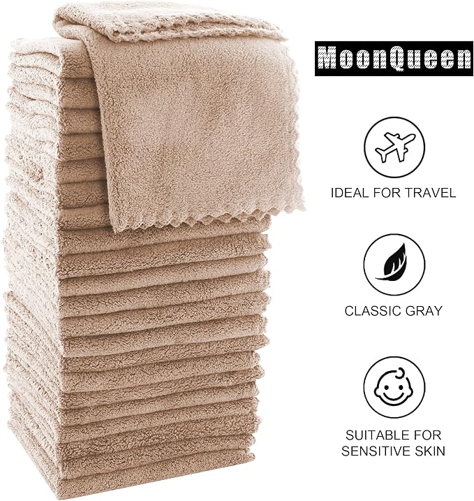 MOONQUEEN Ultra Soft Premium Washcloths Set - 12 x 12 inches - 24 Pack - Quick Drying - Highly Absorbent Coral Velvet Bathroom Wash Clothes - Use as Bath, Spa, Facial, Fingertip Towel (Brown)