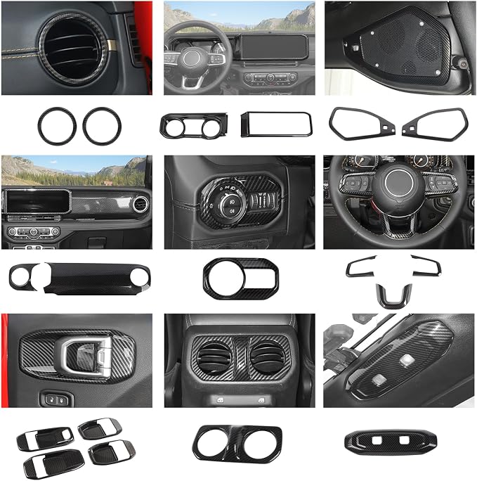 21PCS Full Set Interior Trim Kit for 2024-2026+ Jeep Wrangler JL JLU & Jeep Gladiator JT, Dashboard Side Outlet Door Handle Bowl Headlight Switch Roof Reading Light Cover (Black Carbon Fiber)